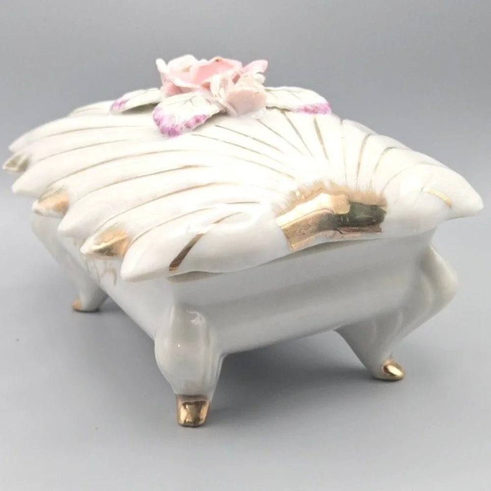 Vintage 1960s Porcelain Trinket Box Shell Hand Painted Rose Design Made in Japan